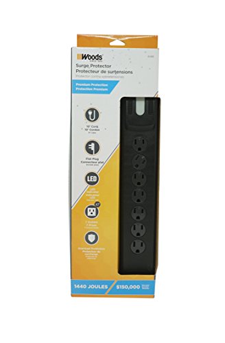 Woods 41496 Surge Protector With Safety Overload Feature 7 Outlets And 10 Ft Cord For 1440J Of Protection, Black