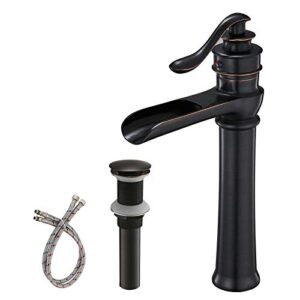 bwe vessel sink faucet waterfall singe hole oil rubbed bronze black bathroom sink faucet handle with pop up drain assembly stopper without overflow supply line lavatory tall rustic bath basin vanity