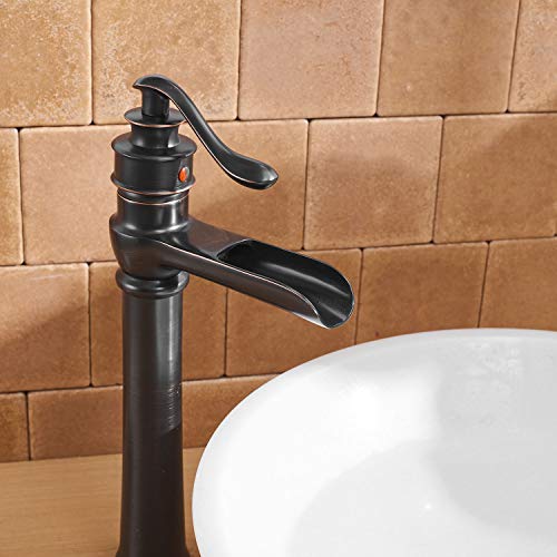 BWE Vessel Sink Faucet Waterfall Singe Hole Oil Rubbed Bronze Black Bathroom Sink Faucet Handle with Pop Up Drain Assembly Stopper Without Overflow Supply Line Lavatory Tall Rustic Bath Basin Vanity