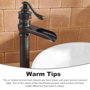 BWE Vessel Sink Faucet Waterfall Singe Hole Oil Rubbed Bronze Black Bathroom Sink Faucet Handle with Pop Up Drain Assembly Stopper Without Overflow Supply Line Lavatory Tall Rustic Bath Basin Vanity