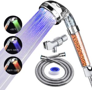 prugna led shower head with hose and shower arm bracket, high-pressure filter handheld shower for repair dry skin and hair loss - color changes with water temperature