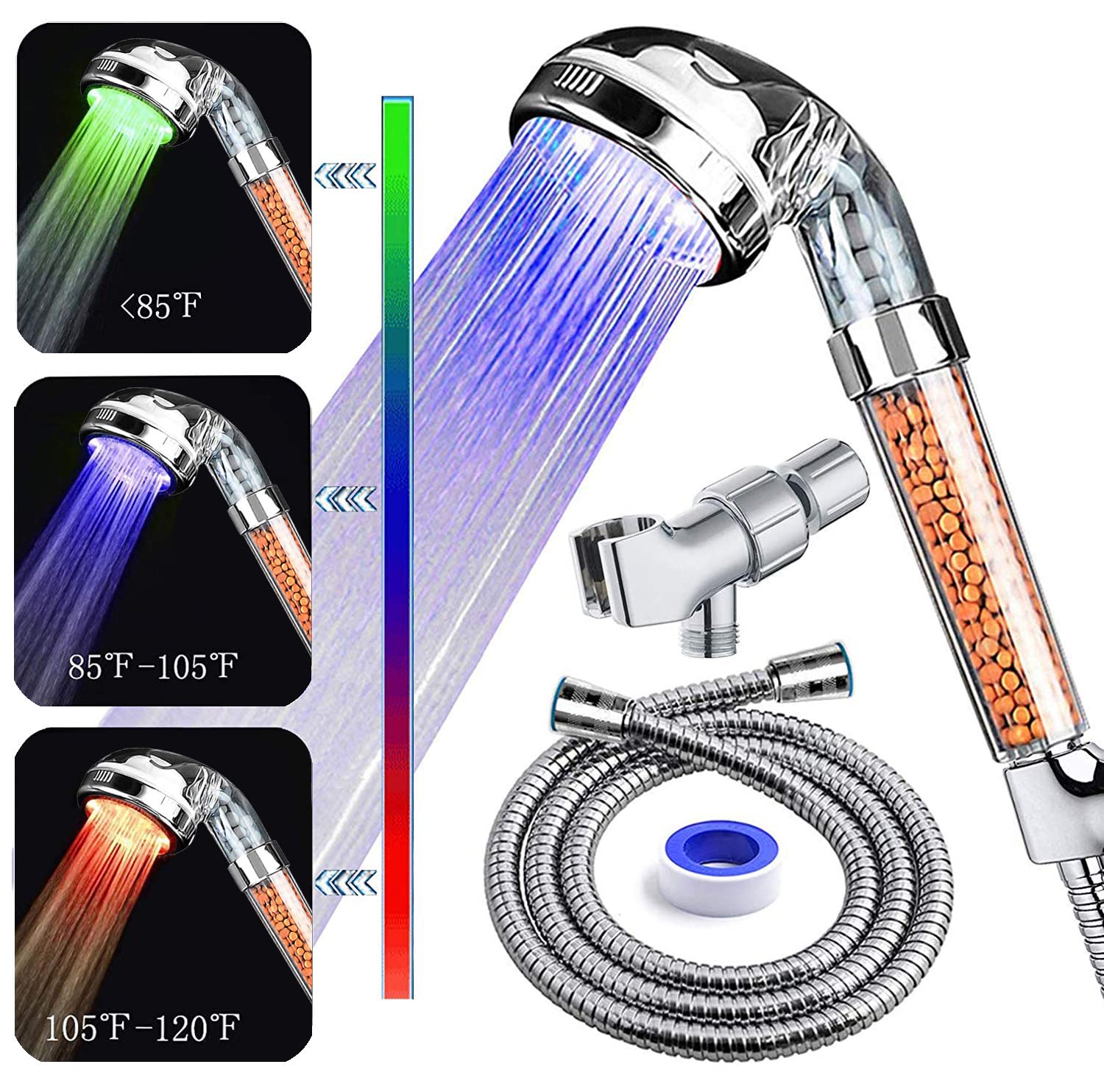 PRUGNA LED Shower Head with Hose and Shower Arm Bracket, High-Pressure Filter Handheld Shower for Repair Dry Skin and Hair Loss - Color Changes with Water Temperature