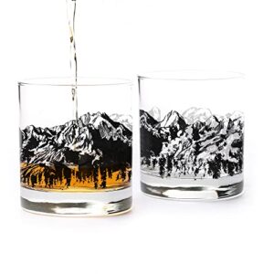 black lantern whiskey glasses – mountain range rock glass set – set of 2-11oz. tumbler glasses - barware and kitchen glasses - drinking glasses - glassware for scotch bourbon and whiskey