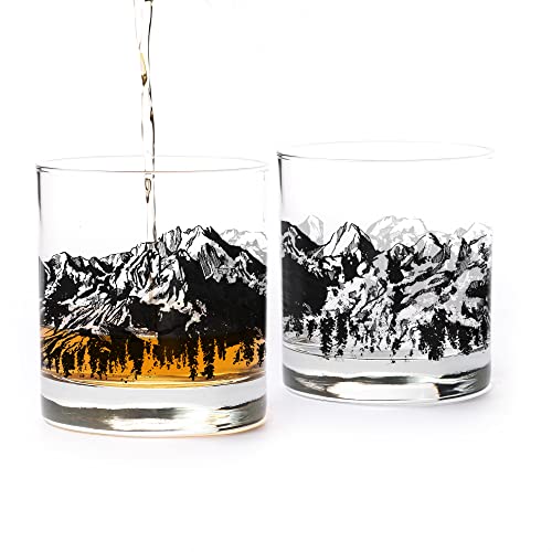 Black Lantern Whiskey Glasses – Mountain Range Rock Glass Set – Set of 2-11oz. Tumbler Glasses - Barware and Kitchen Glasses - Drinking Glasses - Glassware for Scotch Bourbon and Whiskey