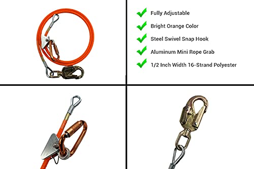 ProClimb Steel Core Flipline Kit (1/2 inch x 10 feet) - Adjustable Tree Lanyard, Low Stretch, Cut Resistant – for Fall Protection, Arborist, Tree Climbers