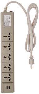 multi-outlet universal power strip with 2 usb ports and 5-outlets 110 volt to 250 volt surge protector, 3750 watts 15 amp, worldwide use with usa plug (usp500)