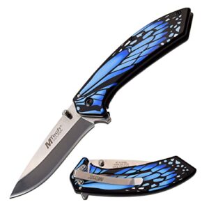 mtech usa mt-a1005bl spring assist folding knife, mirror polished blade, blue butterfly handle, 7.5" overall