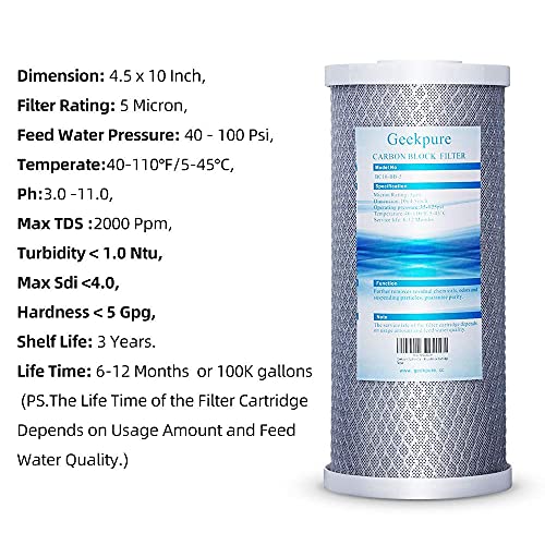 Geekpure 10 Inch Whole House Replacement Carbon Block Water Filter Cartridge -4.5"x 10"-5 Micron