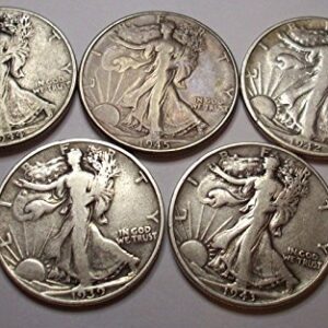 Count of 5 - Walking Liberty Half Dollar 5 Different Dates XF/VF 90% Silver Fine to Extra Fine