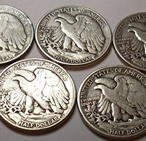 Count of 5 - Walking Liberty Half Dollar 5 Different Dates XF/VF 90% Silver Fine to Extra Fine