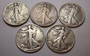 count of 5 - walking liberty half dollar 5 different dates f/vf 90% silver fine to extra fine