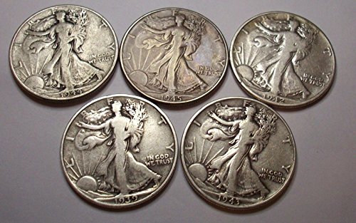 Count of 5 - Walking Liberty Half Dollar 5 Different Dates F/VF 90% Silver Fine to Extra Fine