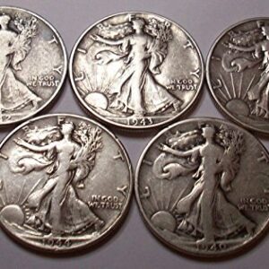 Count of 5 - Walking Liberty Half Dollar 5 Different Dates F/VF 90% Silver Fine to Extra Fine