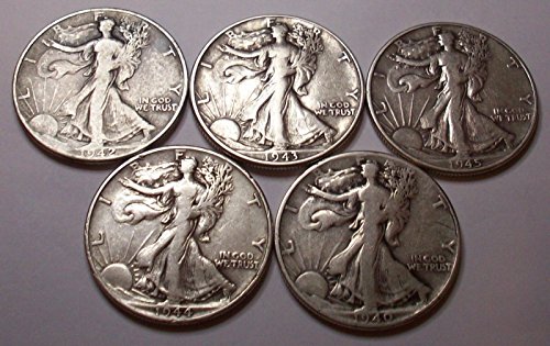 Count of 5 - Walking Liberty Half Dollar 5 Different Dates F/VF 90% Silver Fine to Extra Fine