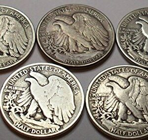 Count of 5 - Walking Liberty Half Dollar 5 Different Dates F/VF 90% Silver Fine to Extra Fine