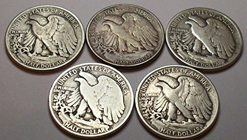 Count of 5 - Walking Liberty Half Dollar 5 Different Dates F/VF 90% Silver Fine to Extra Fine