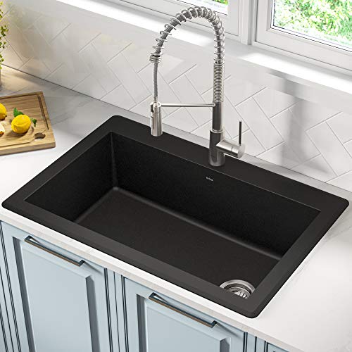 KRAUS Forteza™ 33” Dual Mount Single Bowl Granite Kitchen Sink in Black, KGD-54BLACK