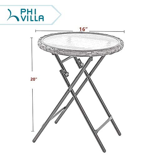 PHI VILLA Outdoor Side Tables-Foldable Patio Rattan Table with Tempered Glass Table Top and High-Strength Thickened Iron Pipe Bracket for Patio Outdoor Sofa and Chair in Garden,1 Pack