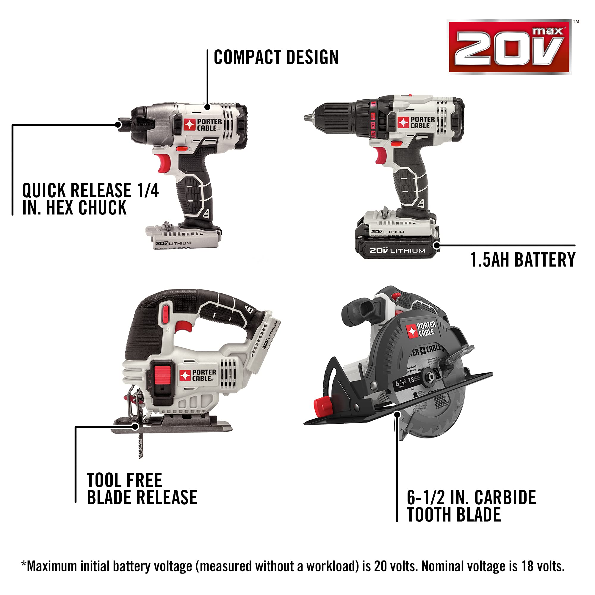 PORTER-CABLE 20V MAX* Cordless Drill Combo Kit, 8-Tool (PCCK6118)