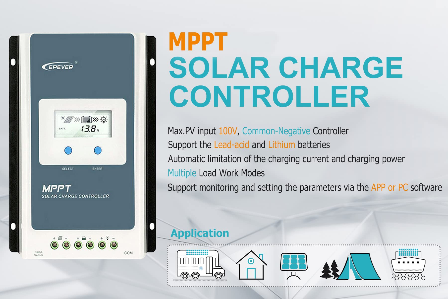 EPEVER 40A MPPT Solar Charge Controller 12V 24V Auto, 40 amp Negative Grounded Solar Charge Controller MPPT Max Input 100V, 520W/1040W for Lead-Acid, Lithium Batteries and Load Timer Setting