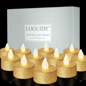 loguide battery operated led tea lights,24 pack gold flameless votive tealights candle with warm white flickering light, small electric fake tea candle realistic for wedding,table,festival celebration
