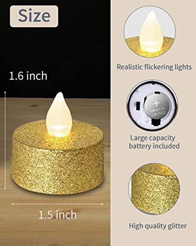 LOGUIDE Battery Operated LED Tea Lights,24 Pack Gold Flameless Votive Tealights Candle with Warm White Flickering light, Small Electric Fake Tea Candle Realistic for Wedding,Table,Festival Celebration