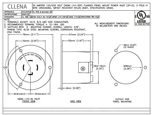 Cllena NEMA L14-30 Flanged Inlet Generator Plug, 30A 125/250 Volt 4 Prong Locking Receptacle Socket, Grounding Welding Use 7500 Watts