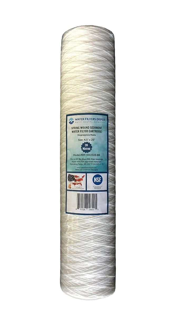 WFD, WF-SW2020-BB 4.5"x20" 20 Micron String Wound Sediment Water Filter Cartridge, Fits in 20" Big Blue (BB) Housings of Whole House Filter Systems (1 Pack, 20 Micron)