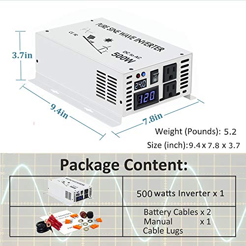 WZRELB 500w Pure Sine Wave Solar Power Inverter 24v DC to 120v AC 60hz