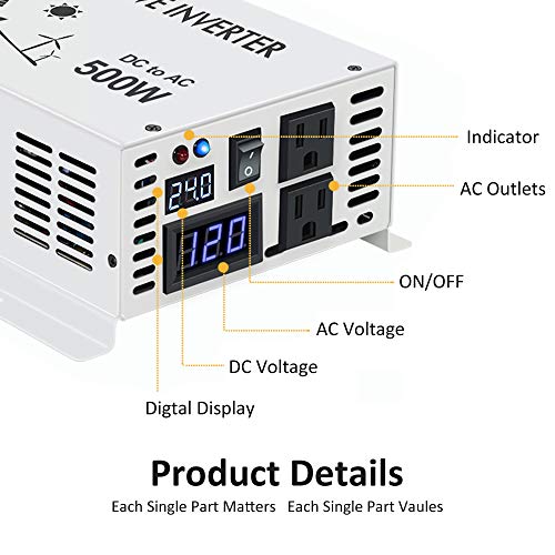 WZRELB 500w Pure Sine Wave Solar Power Inverter 24v DC to 120v AC 60hz