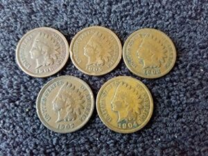1900 no mint mark thru 1909 various indian head pennies set of 5 coins all different dates - in gift bag indian head good and better (1c) seller genuine