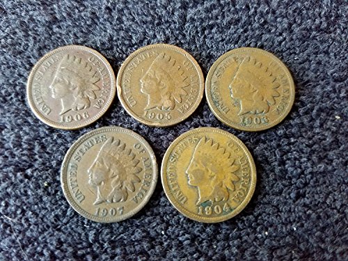 1900 No Mint Mark thru 1909 Various Indian Head Pennies Set of 5 coins all Different Dates - in Gift Bag Indian Head Good and Better (1c) Seller Genuine