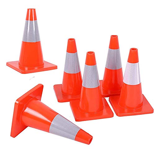 Reliancer 6PCS 18" Traffic Cones PVC Safety Road Parking Cones Weighted Hazard Cones Construction Cones for Traffic Fluorescent Orange w/4" Reflective Strips Collar