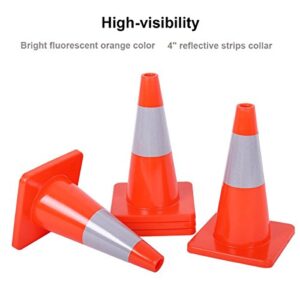 Reliancer 6PCS 18" Traffic Cones PVC Safety Road Parking Cones Weighted Hazard Cones Construction Cones for Traffic Fluorescent Orange w/4" Reflective Strips Collar