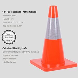 Reliancer 6PCS 18" Traffic Cones PVC Safety Road Parking Cones Weighted Hazard Cones Construction Cones for Traffic Fluorescent Orange w/4" Reflective Strips Collar