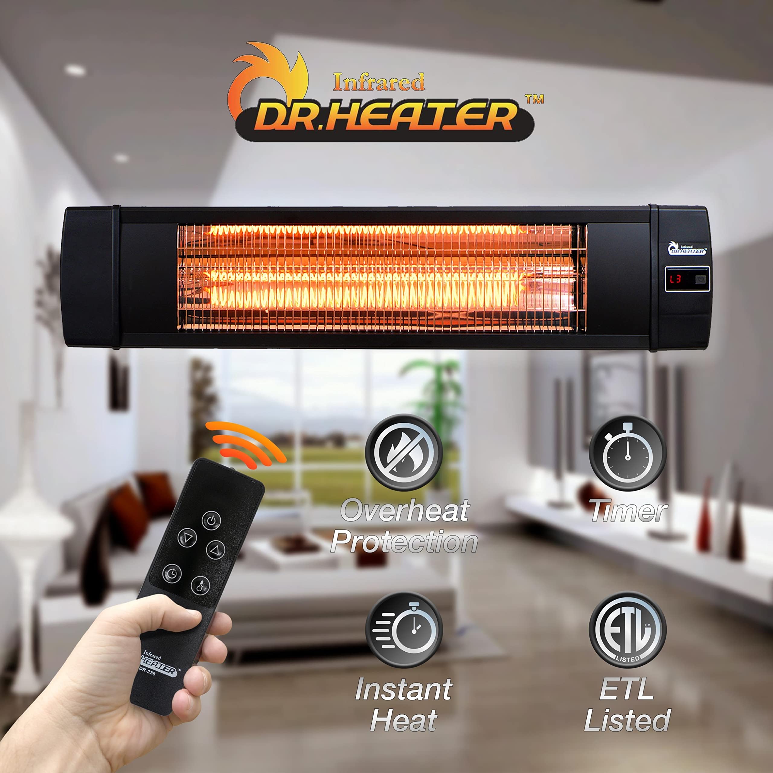 Dr Infrared Heater DR-238 Carbon Infrared Outdoor Heater for Restaurant, Patio, Backyard, Garage, and Decks, Standard, Black