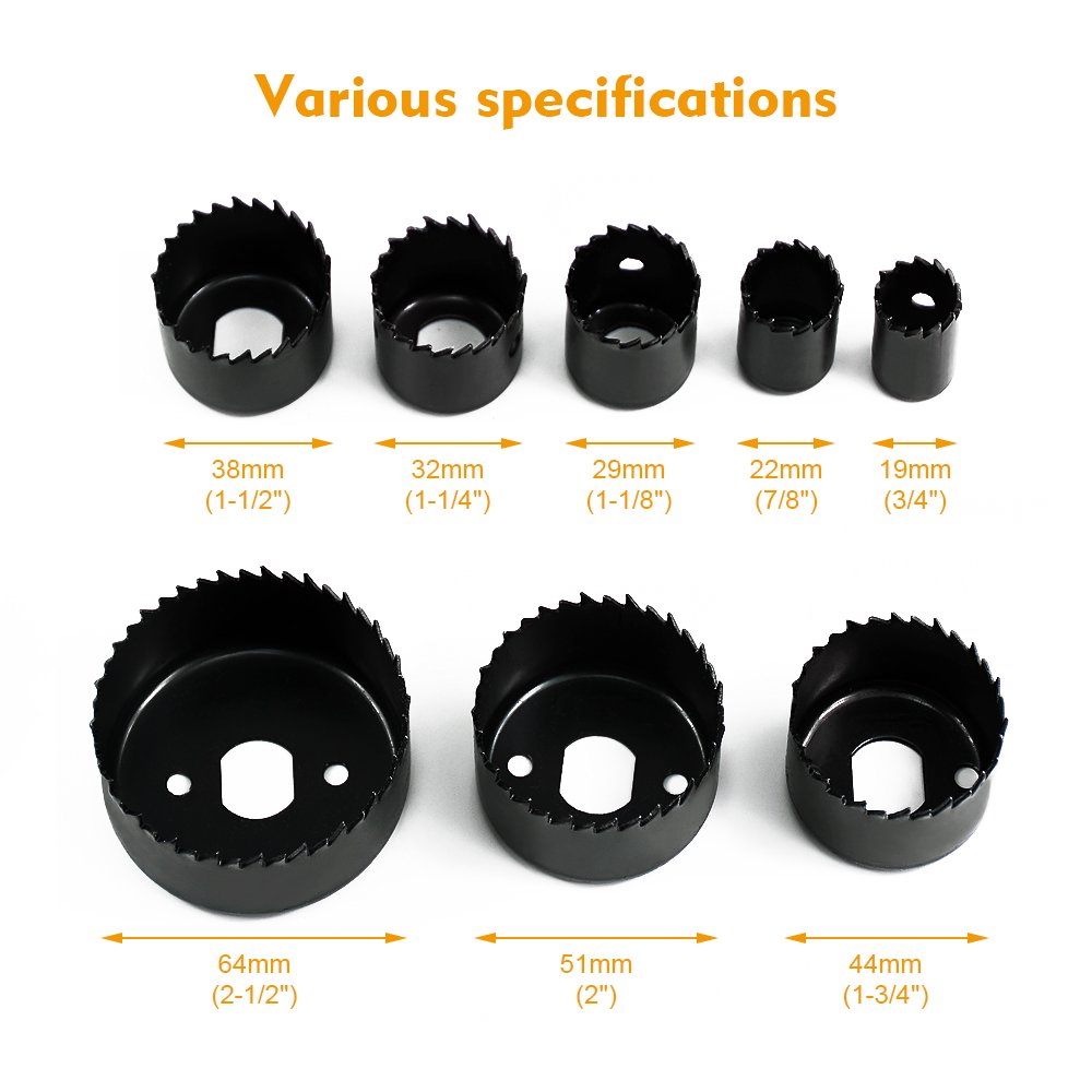 Locisne Hole Saw Set 11 Pieces 3/4" - 2-1/2" Hole Saw Kit with Hex Key and Mandrels for Wood, PVC Board, Plastic Plate Drilling