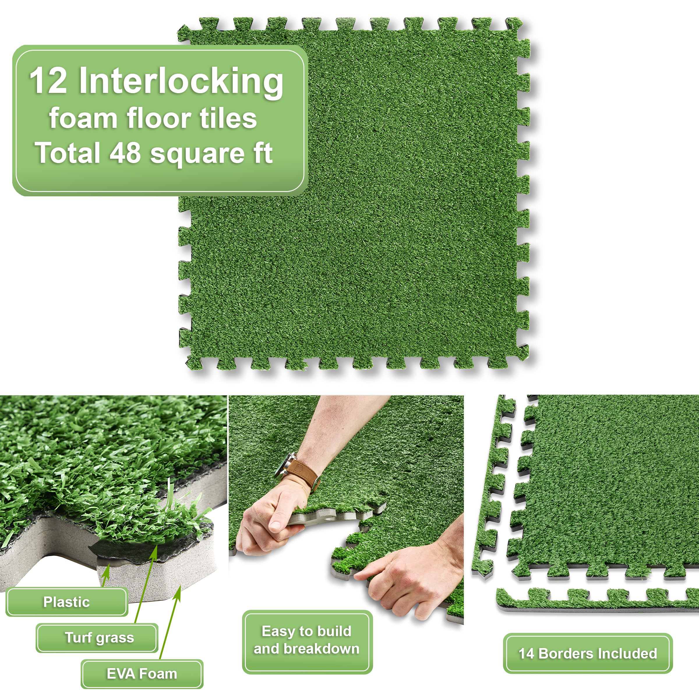 Sorbus Grass Foam Floor Tiles - 12 Interlocking Mats of 24"X24” Total of 48 Sq Ft for Kids Outdoor Toys, Playroom, Deck, Patio, Basement Home Gym - Artificial Carpet Grass Turf Indoor Outdoor Flooring