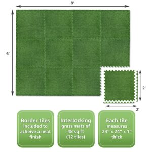 Sorbus Grass Foam Floor Tiles - 12 Interlocking Mats of 24"X24” Total of 48 Sq Ft for Kids Outdoor Toys, Playroom, Deck, Patio, Basement Home Gym - Artificial Carpet Grass Turf Indoor Outdoor Flooring