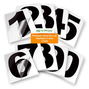 isyfix black vinyl numbers stickers - 4 inch self adhesive (2 sets) - premium decal die cut and pre-spaced for mailbox, signs, window, door, cars, trucks, home, business, address number, indoor or outdoor