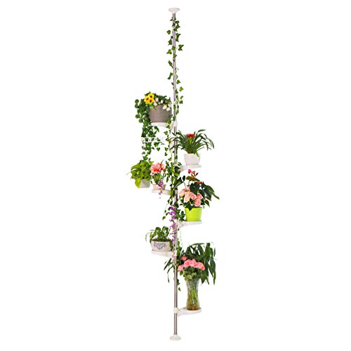 BAOYOUNI 7-Layer Indoor Plant Stands Spring Tension Pole Metal Flower Display Rack Space Saver Corner Floral Pot Hanger Shelf, Ivory