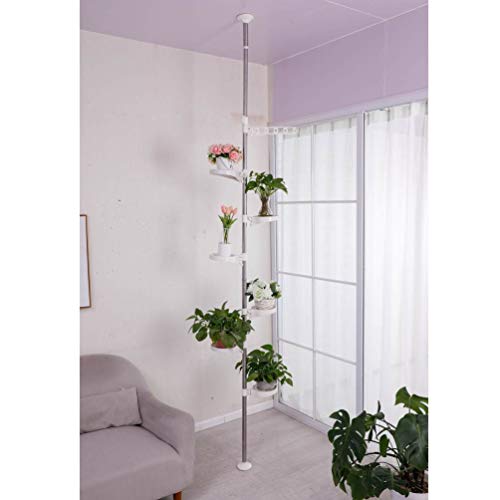 BAOYOUNI 7-Layer Indoor Plant Stands Spring Tension Pole Metal Flower Display Rack Space Saver Corner Floral Pot Hanger Shelf, Ivory