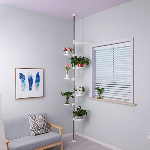 BAOYOUNI 7-Layer Indoor Plant Stands Spring Tension Pole Metal Flower Display Rack Space Saver Corner Floral Pot Hanger Shelf, Ivory