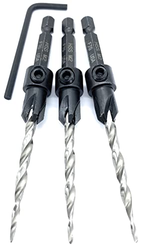 FTG USA Countersink Drill Bit Set 3 Pc #8 (11/64") Wood Countersink Drill Bit Pack Same Size Set Countersink HSS M2 Tapered Countersink Bit, with 1 Hex Wrench, Woodworking Countersink Drill Bits