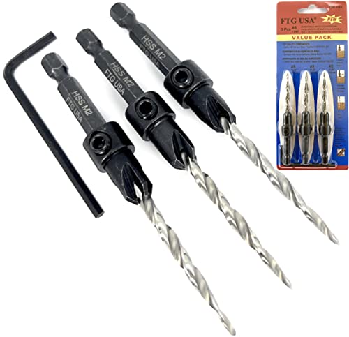 FTG USA Countersink Drill Bit Set 3 Pc #8 (11/64") Wood Countersink Drill Bit Pack Same Size Set Countersink HSS M2 Tapered Countersink Bit, with 1 Hex Wrench, Woodworking Countersink Drill Bits