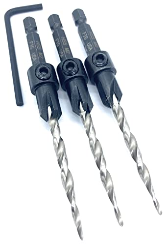 FTG USA Countersink Drill Bit Set 3 Pc #8 (11/64") Wood Countersink Drill Bit Pack Same Size Set Countersink HSS M2 Tapered Countersink Bit, with 1 Hex Wrench, Woodworking Countersink Drill Bits