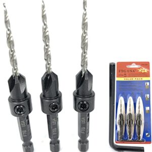FTG USA Countersink Drill Bit Set 3 Pc #6 (9/64") Wood Countersink Drill Bit Pack Same Size Set Countersink HSS M2 Tapered Countersink Bit, with 1 Hex Wrench, Woodworking Countersink Drill Bits