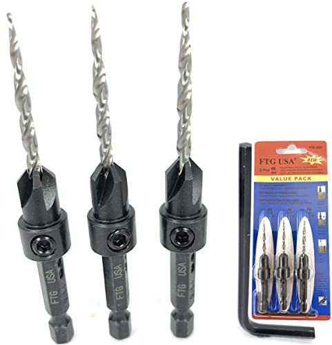 FTG USA Countersink Drill Bit Set 3 Pc #6 (9/64") Wood Countersink Drill Bit Pack Same Size Set Countersink HSS M2 Tapered Countersink Bit, with 1 Hex Wrench, Woodworking Countersink Drill Bits