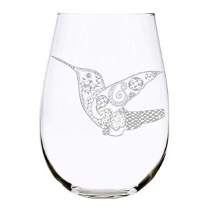 c & m personal gifts hummingbird stemless wine glass gifts for birthdays, christmas, anniversaries, retirement, mothers day, fathers day, 17 ounces, laser engraved, crystal, lead-free