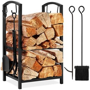 best choice products 5-piece indoor outdoor wrought iron firewood log storage rack holder firepit tools set for fireplace, fire pit, stove w/hook, broom, shovel, tongs - black